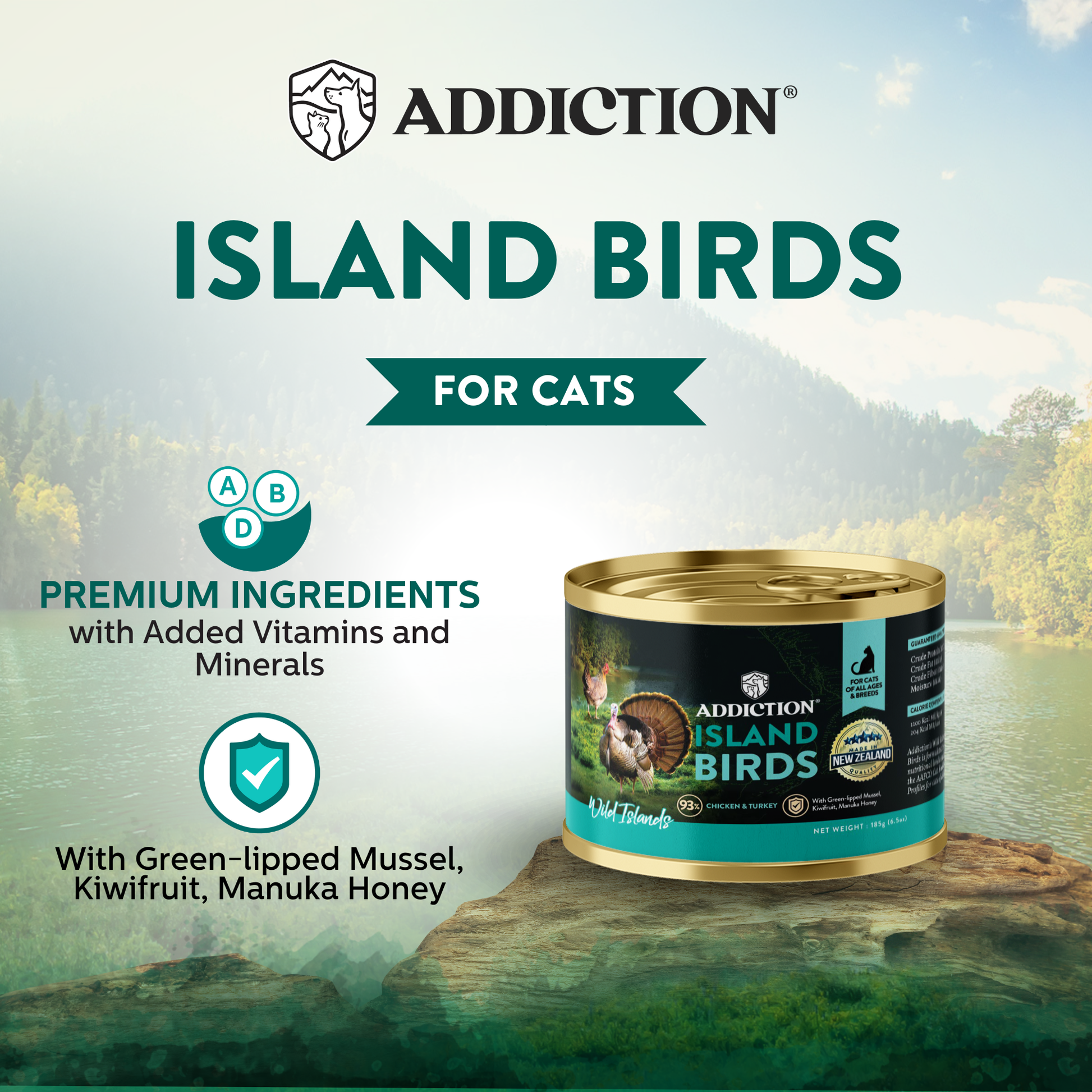 Addiction Island Birds cat food can with scenic background