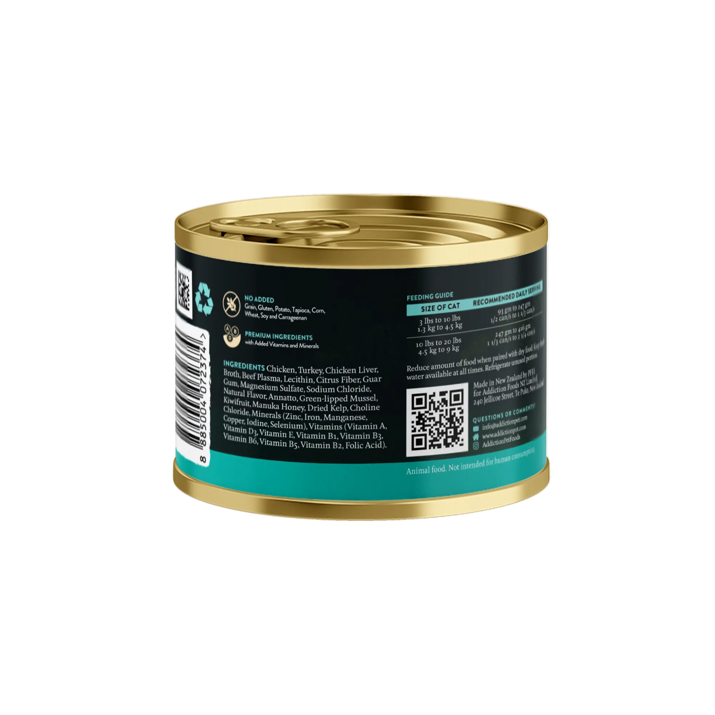 Canned food with a gold lid and black label on a white background