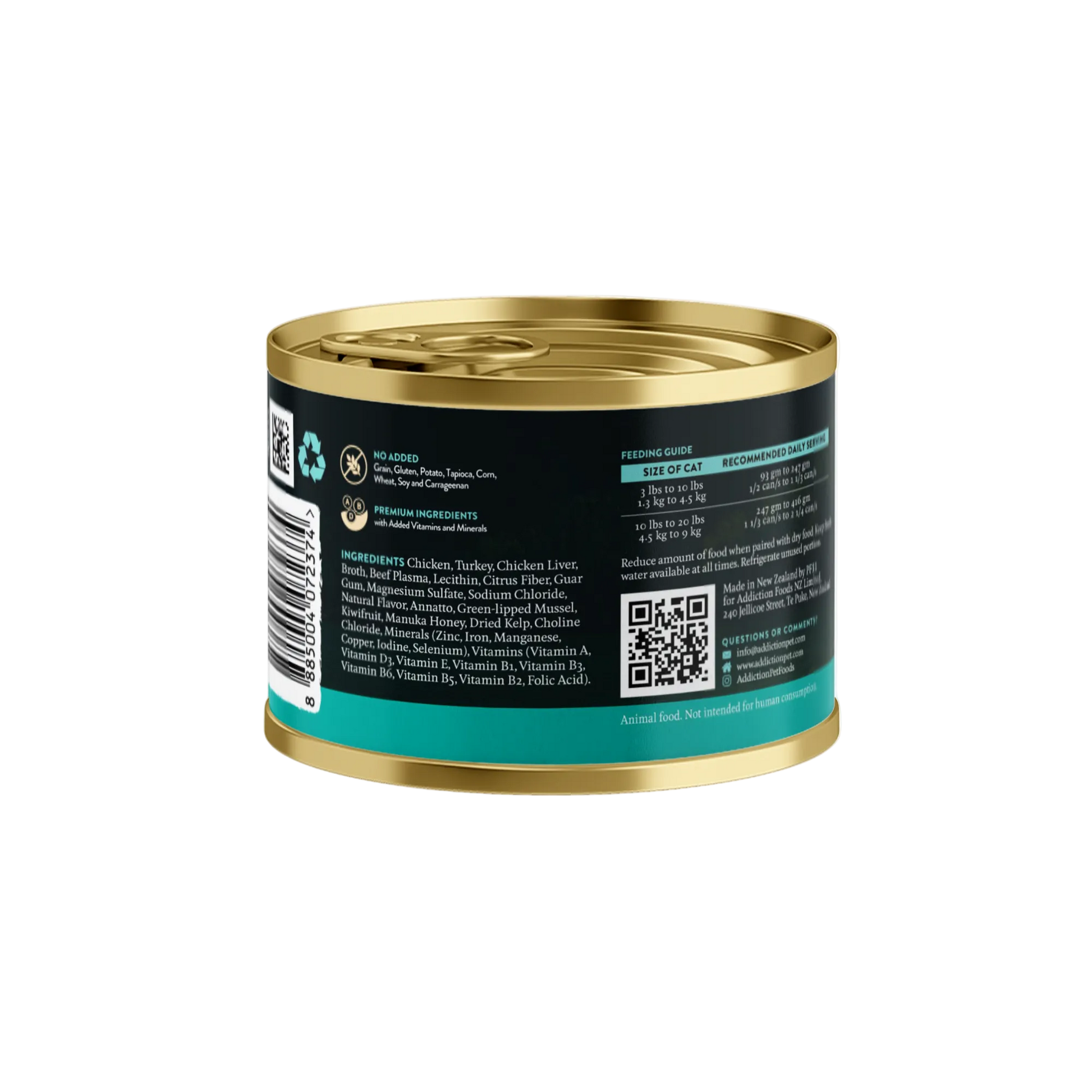 Canned food with a gold lid and black label on a white background
