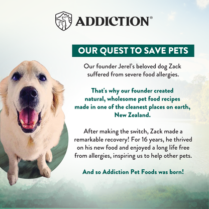 Advertisement for Addiction Pet Foods featuring a happy dog with text about the brand's mission.