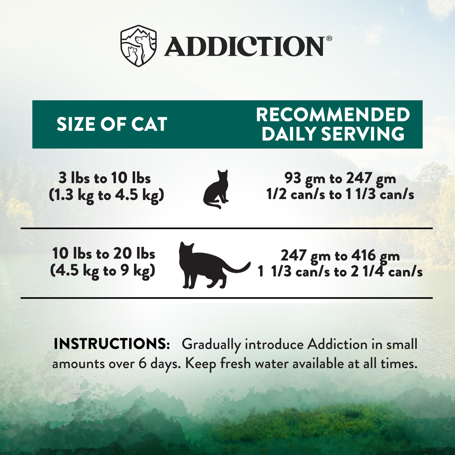 Cat food serving size chart by Addiction with recommended daily servings for different cat weights.