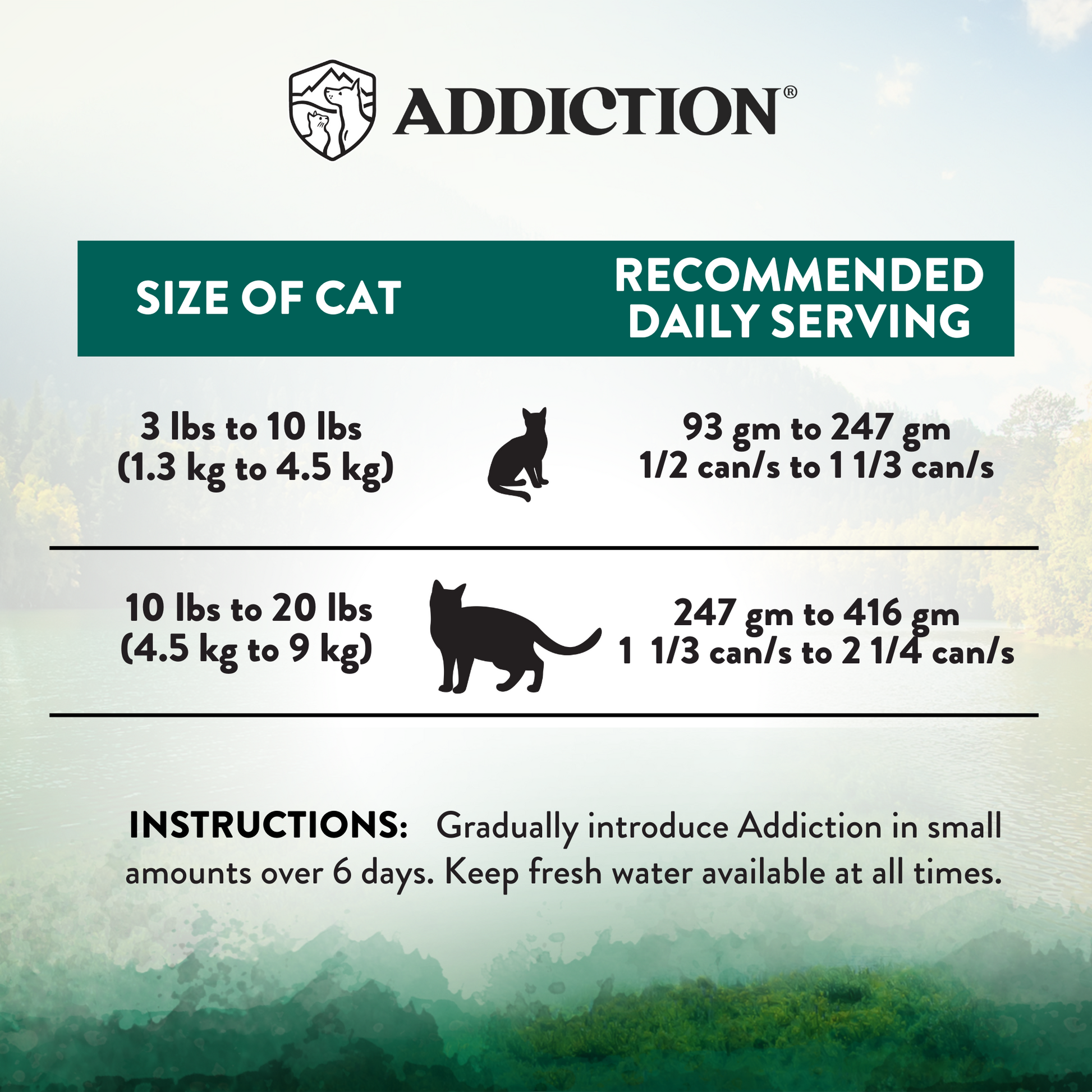 Cat food serving size chart by Addiction with recommended daily servings for different cat weights.