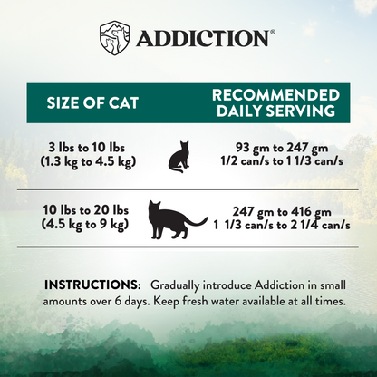 Cat food serving size chart by Addiction with recommended daily servings for different cat weights.