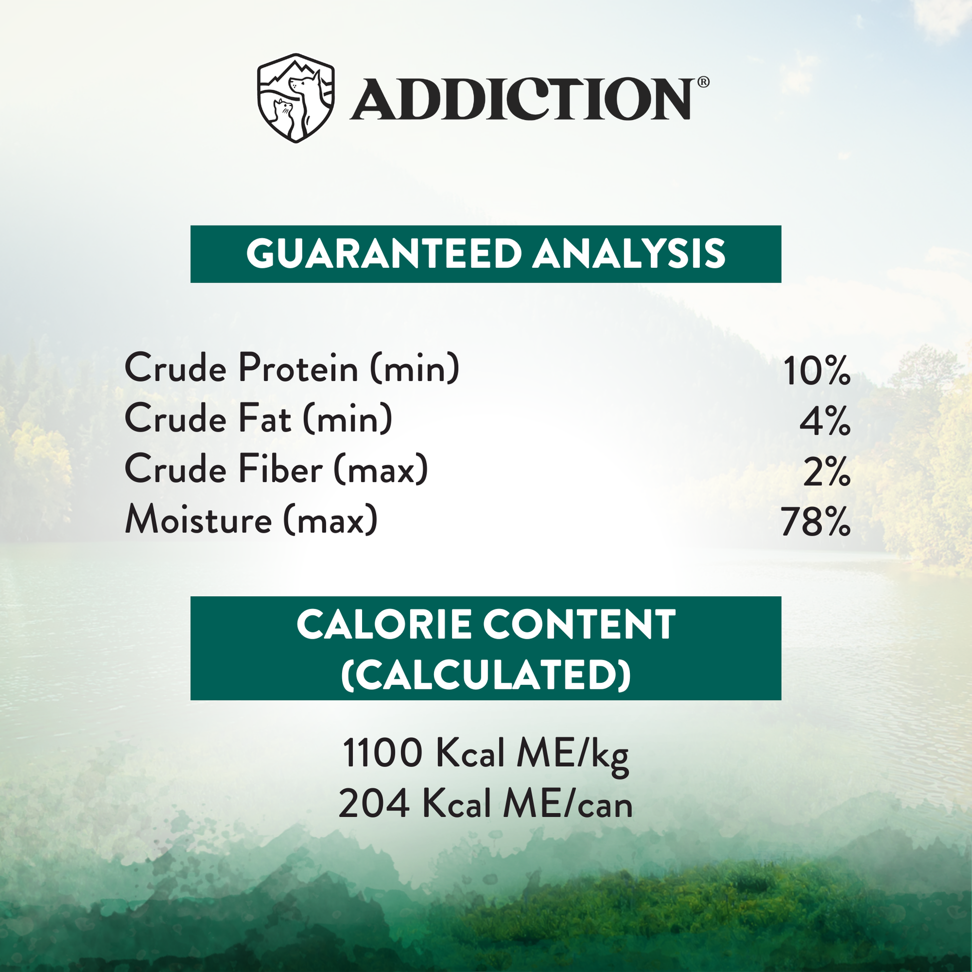 Product label with guaranteed analysis and calorie content on a scenic background