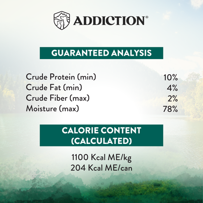 Product label with guaranteed analysis and calorie content on a scenic background