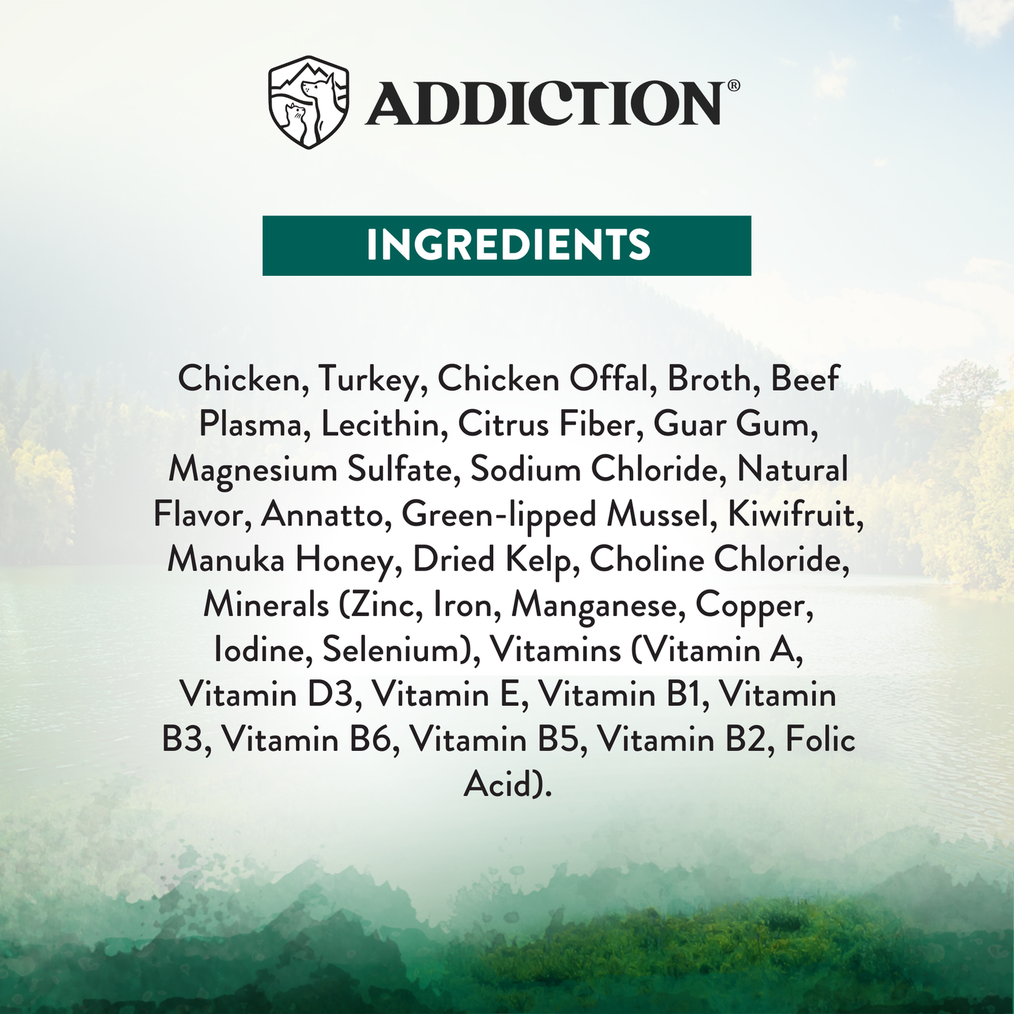 Ingredients list for a product with a blurred natural background