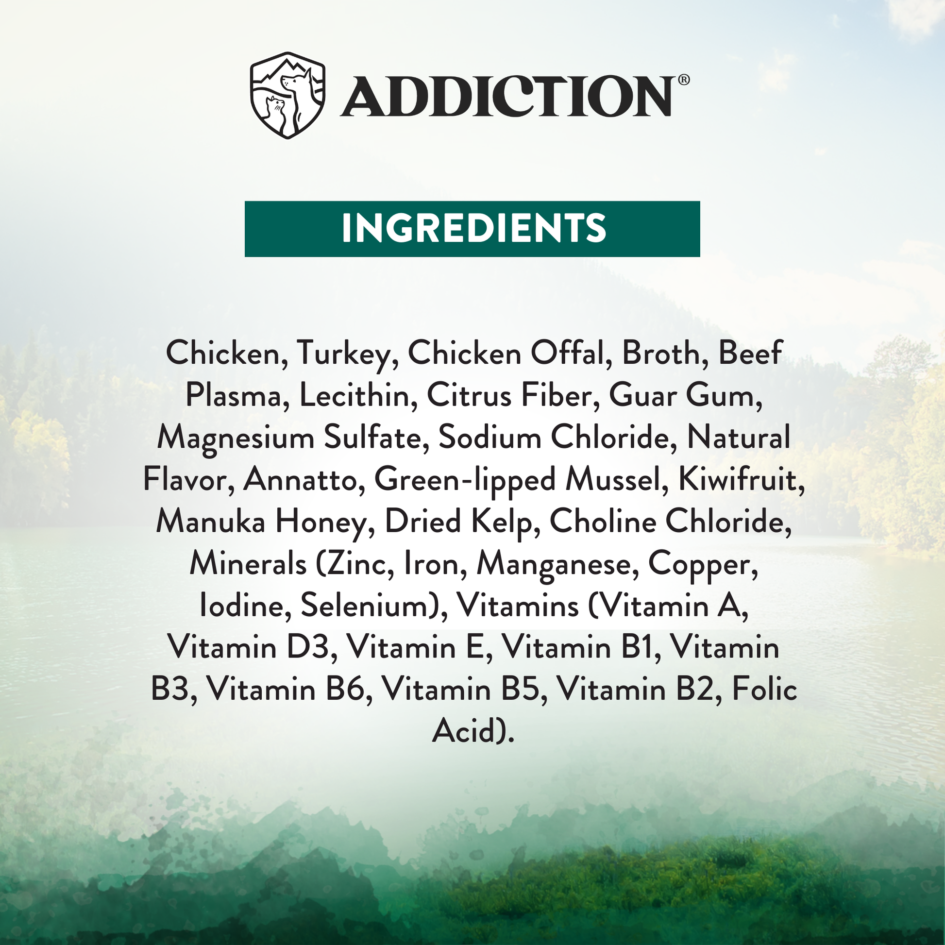 Ingredients list for a product with a blurred natural background