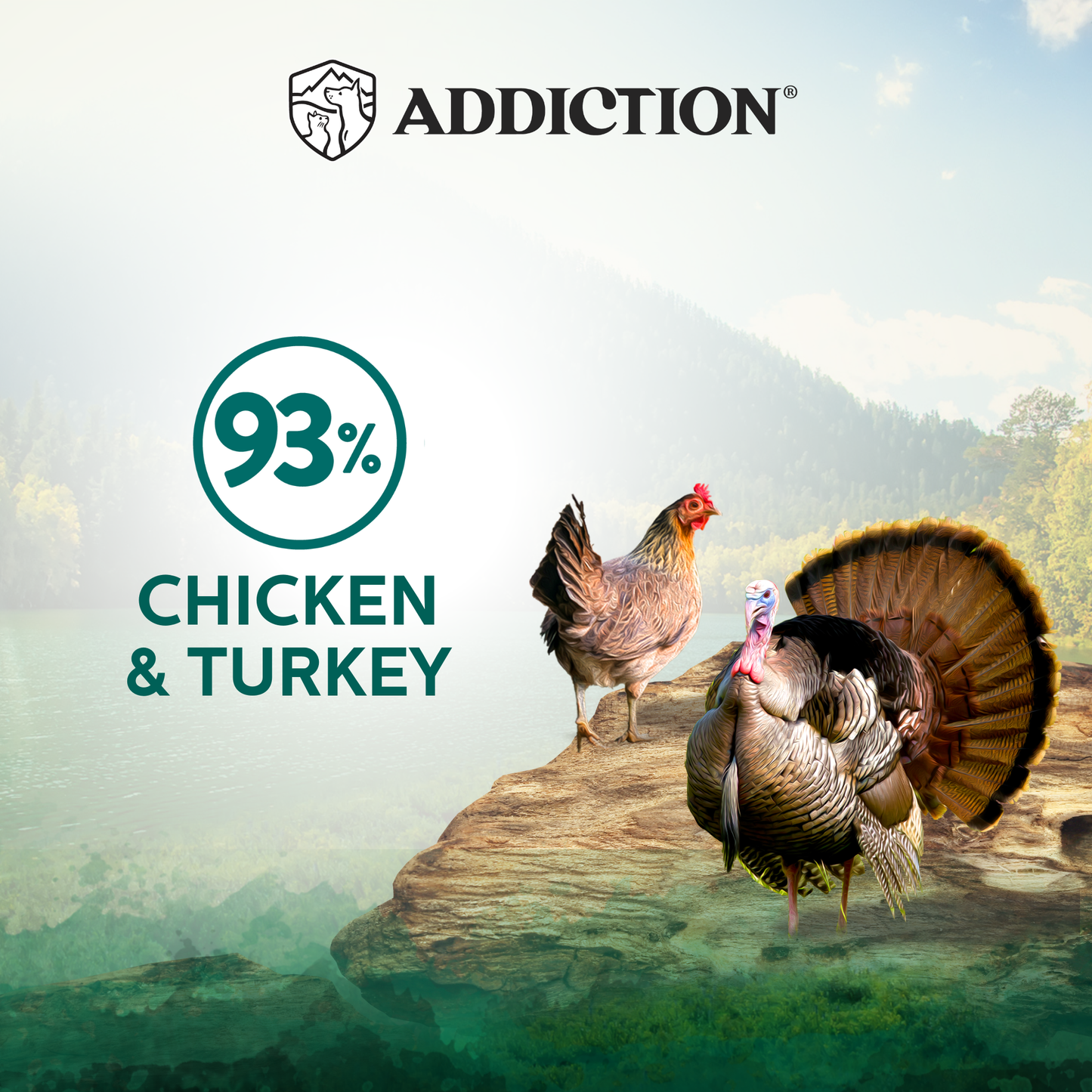 Two birds on a rock with 'Addiction' branding and text about chicken and turkey content.