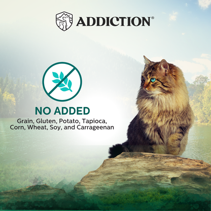 Cat sitting on a log with 'Addiction' brand and no added ingredients text in the background.