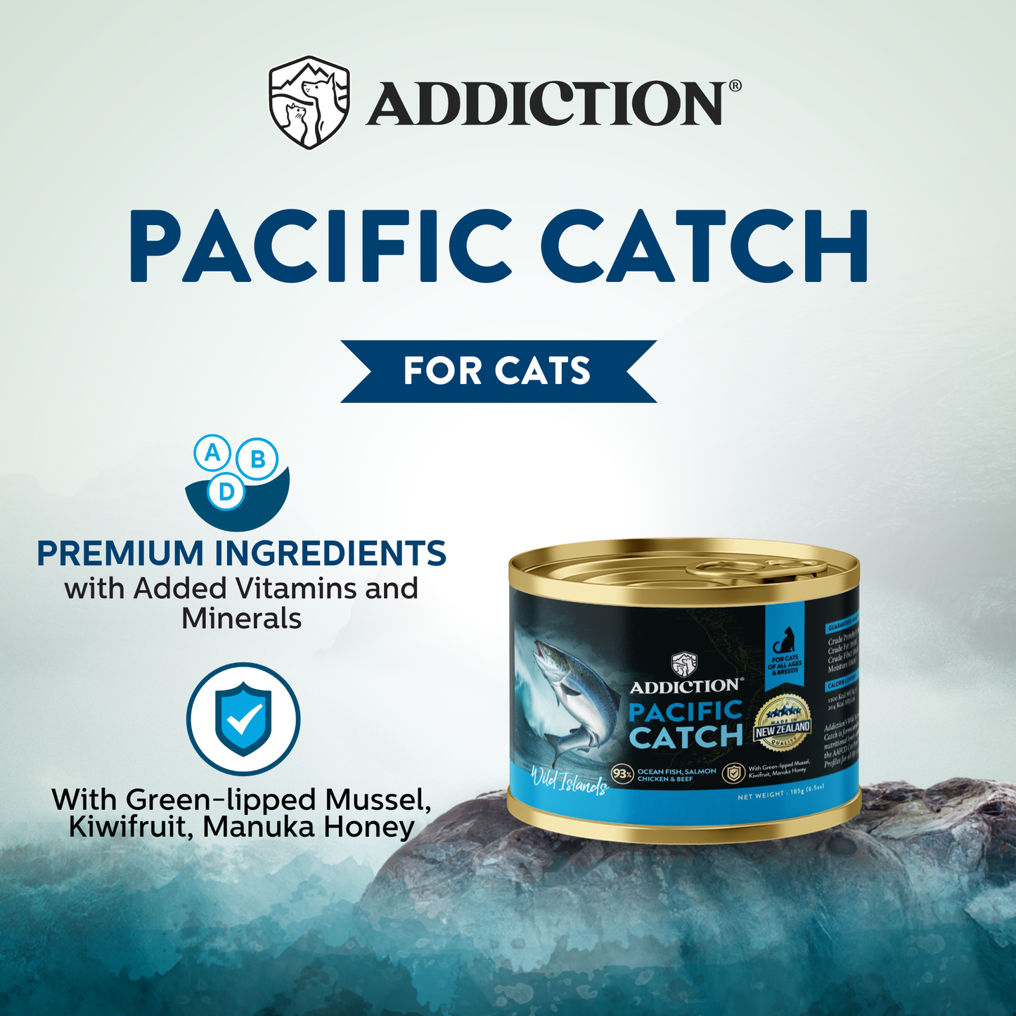 Addiction Pacific Catch cat food can with branding and product details on a blue and gray background