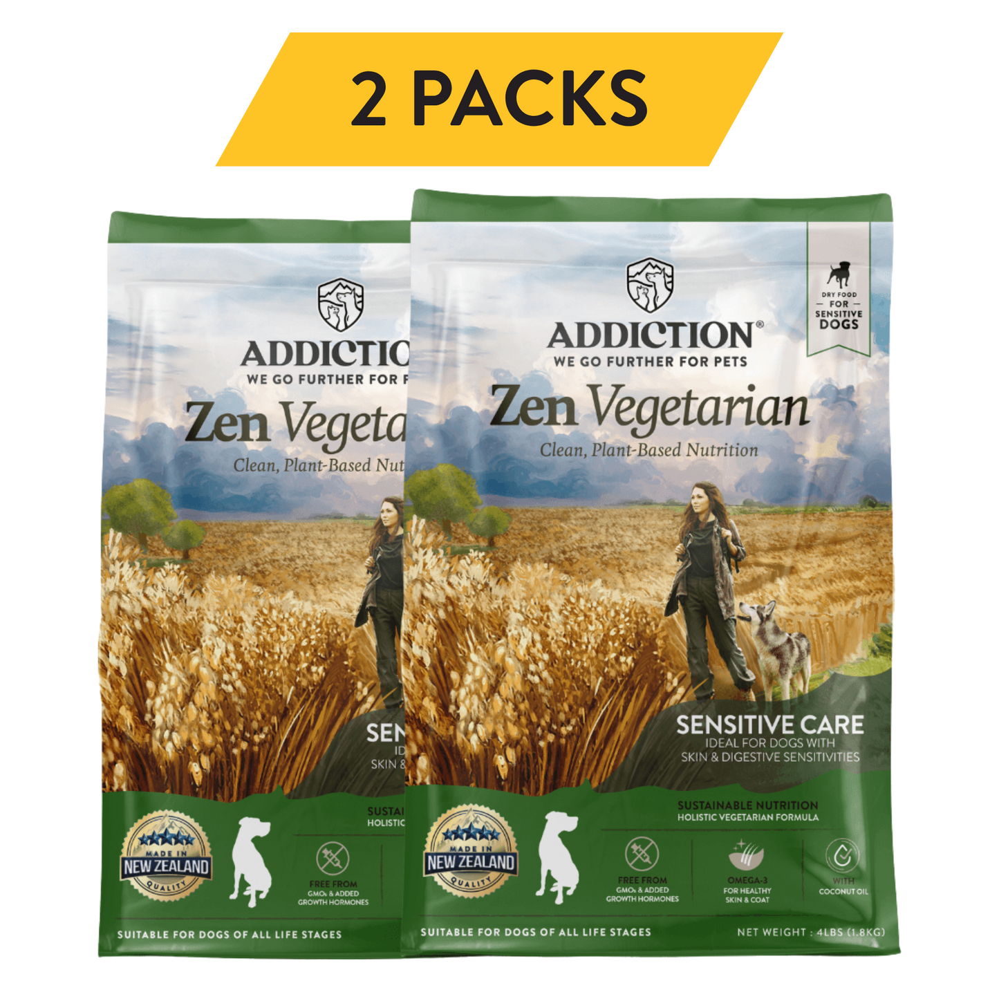 Two packs of Addiction Zen Vegetarian dog food with a scenic background