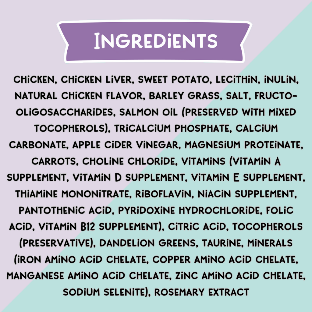 List of ingredients for a pet food product on a light purple and green gradient background
