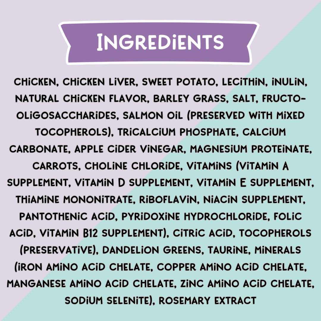 List of ingredients for a pet food product on a light purple and green gradient background