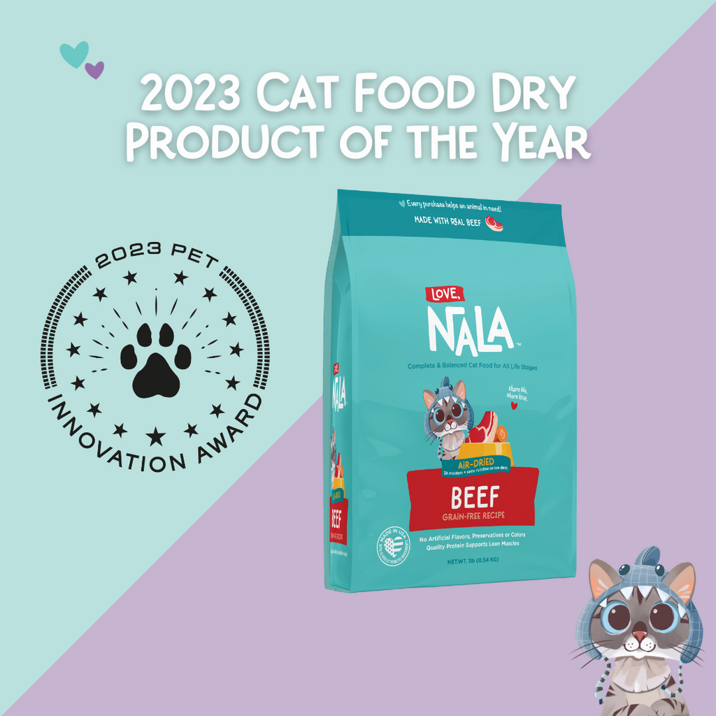 NALA cat food package with '2023 Cat Food Dry Product of the Year' and 'Pet Innovation Award' text on a colorful background.
