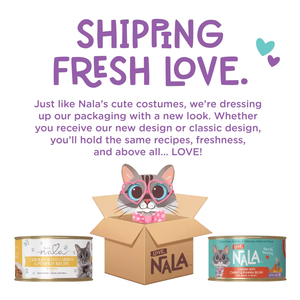 Promotional image of Nala cat food packaging with a cardboard box and cans, featuring text about new packaging design.
