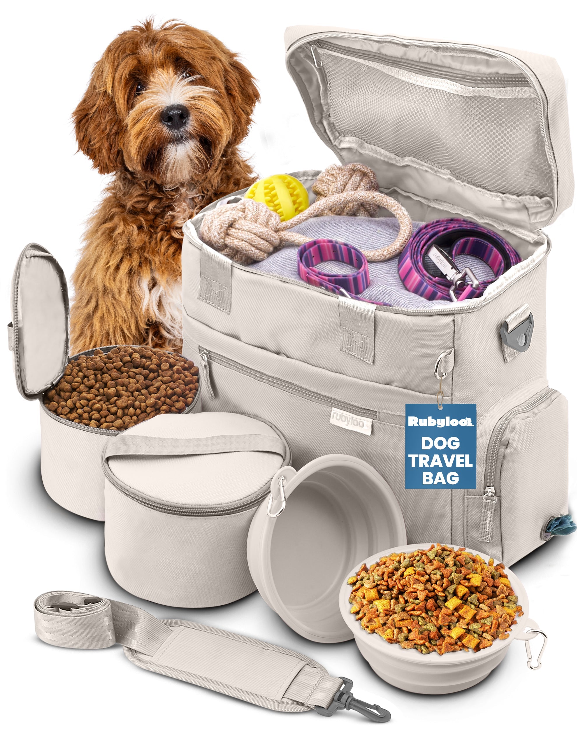Dog travel bag with pet supplies including a dog, food, and water bowls on a white background.