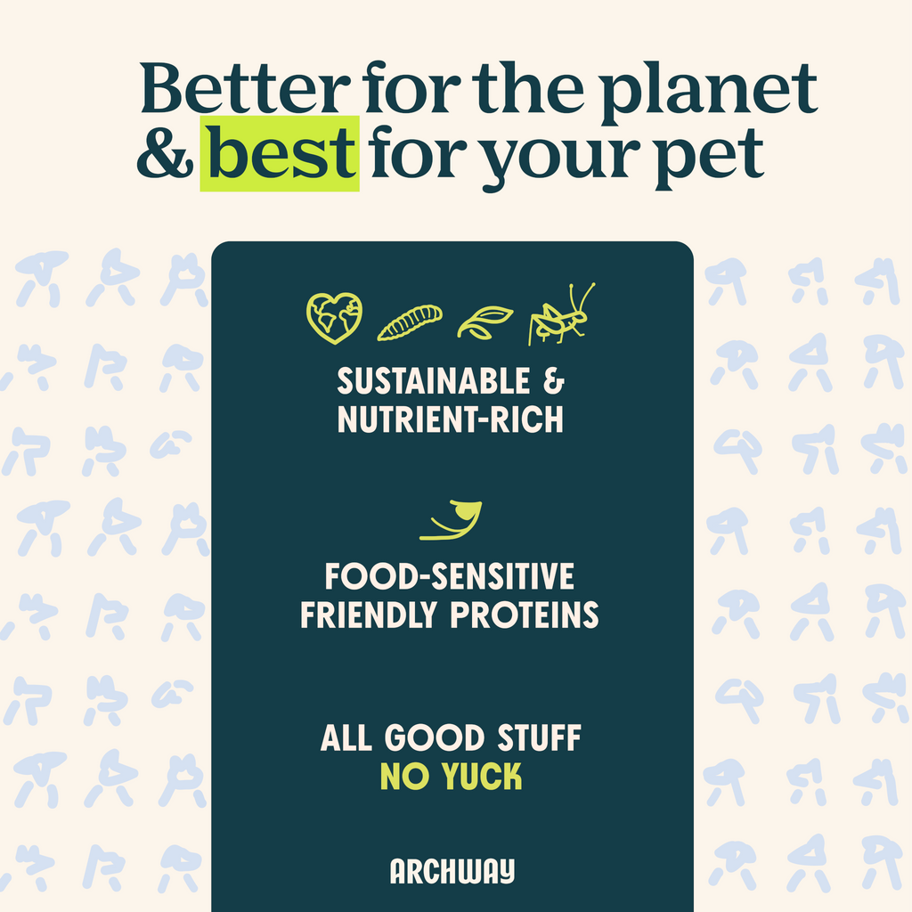 Promotional graphic for Archway pet food with text about sustainability and pet health on a patterned background.