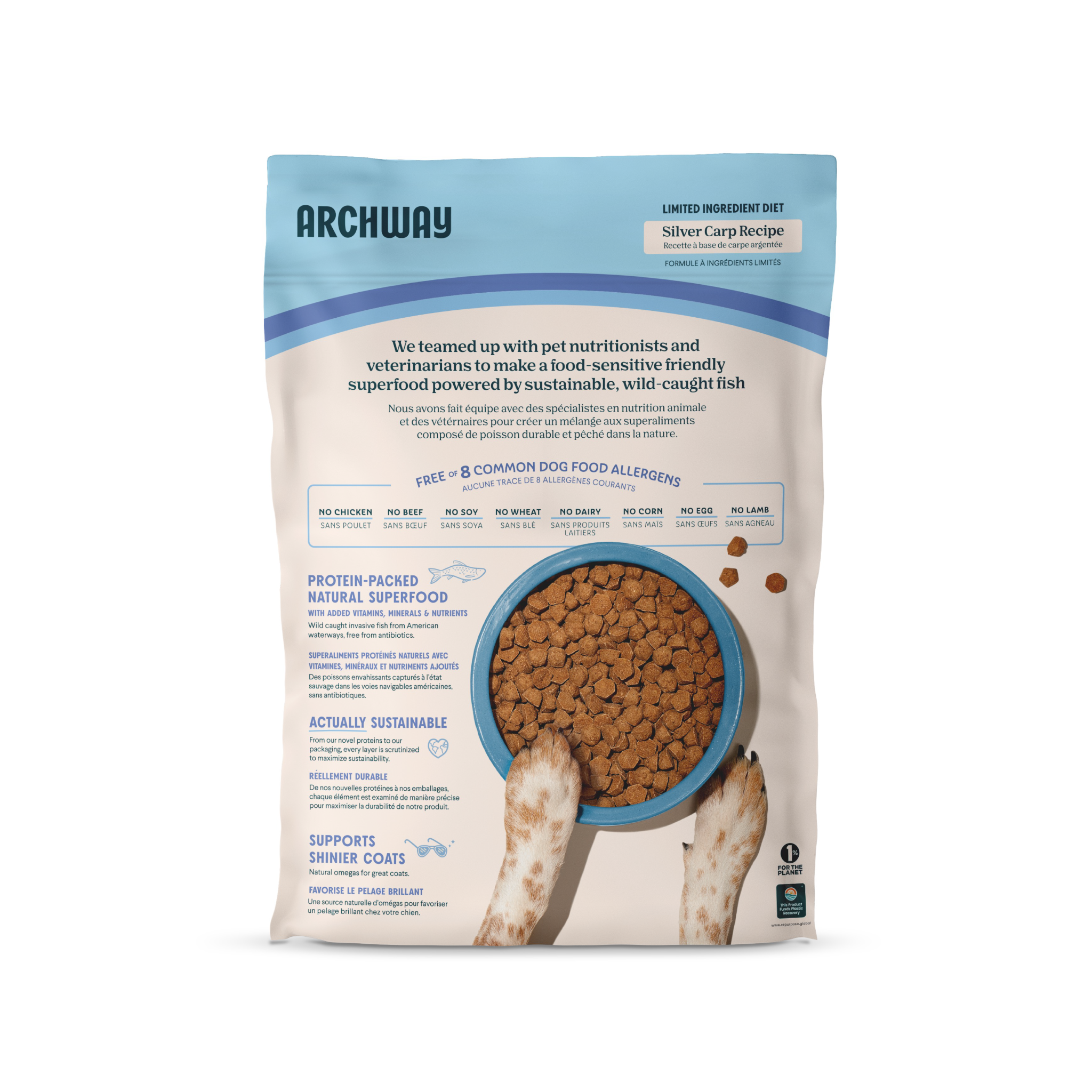 Archway dog food package with text and a bowl of dog food on a white background