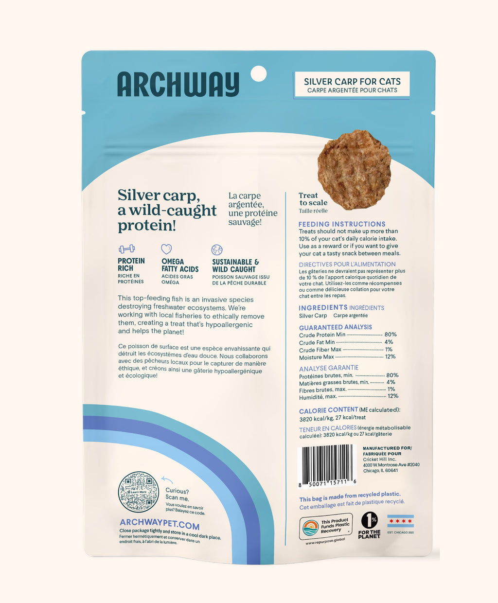 Archway pet food package for cats with blue and white design