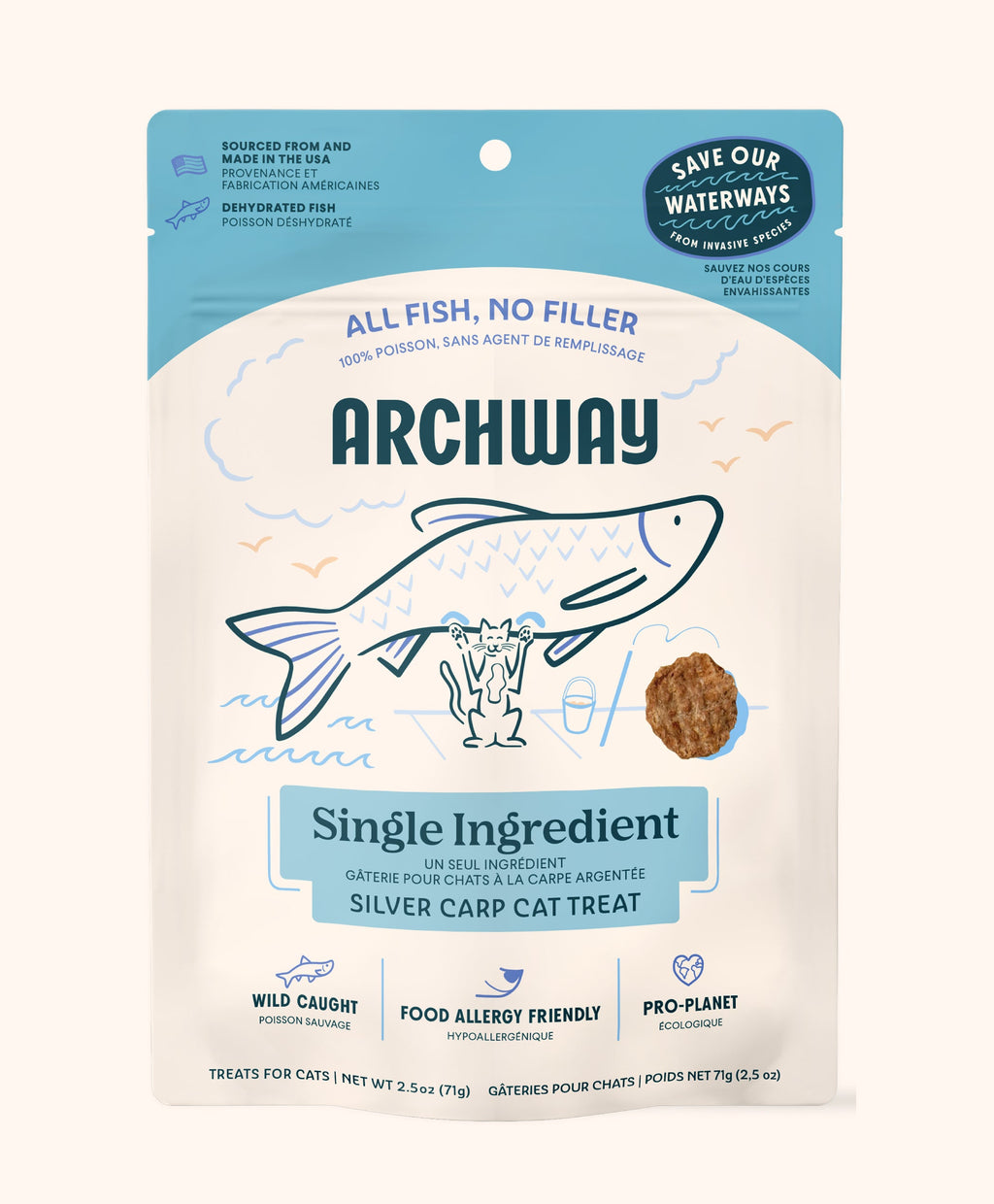 Archway single ingredient silver carp cat treat package on a white background