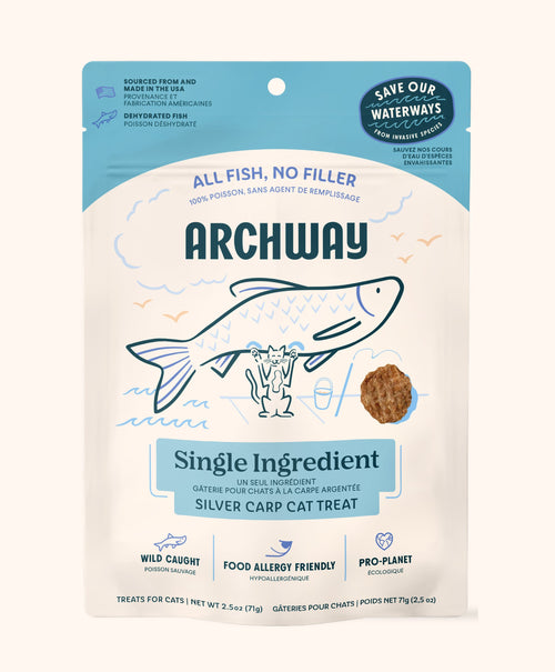 Archway single ingredient silver carp cat treat package on a white background