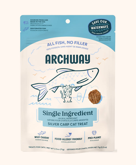 Archway single ingredient silver carp cat treat package on a white background