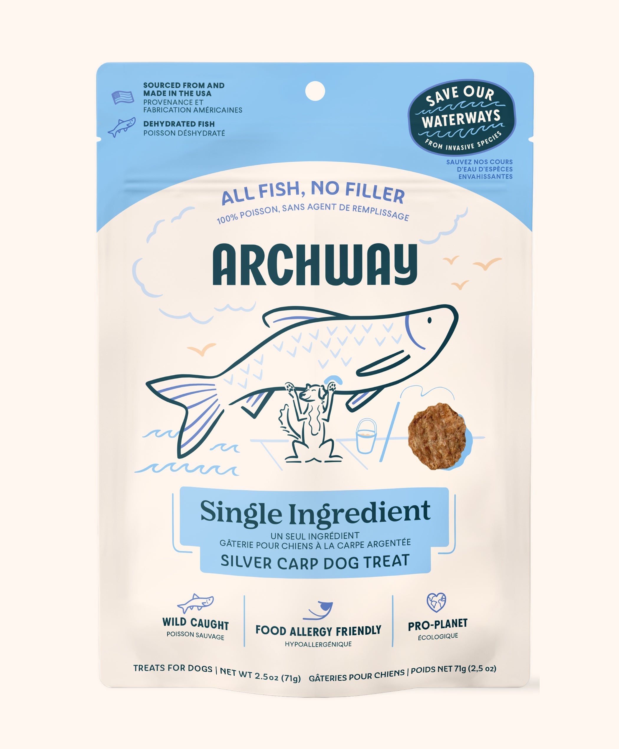 Archway Silver Carp Dog Treat packaging with blue and white design