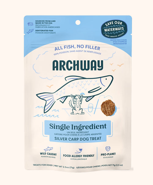 Archway Silver Carp Dog Treat packaging with blue and white design