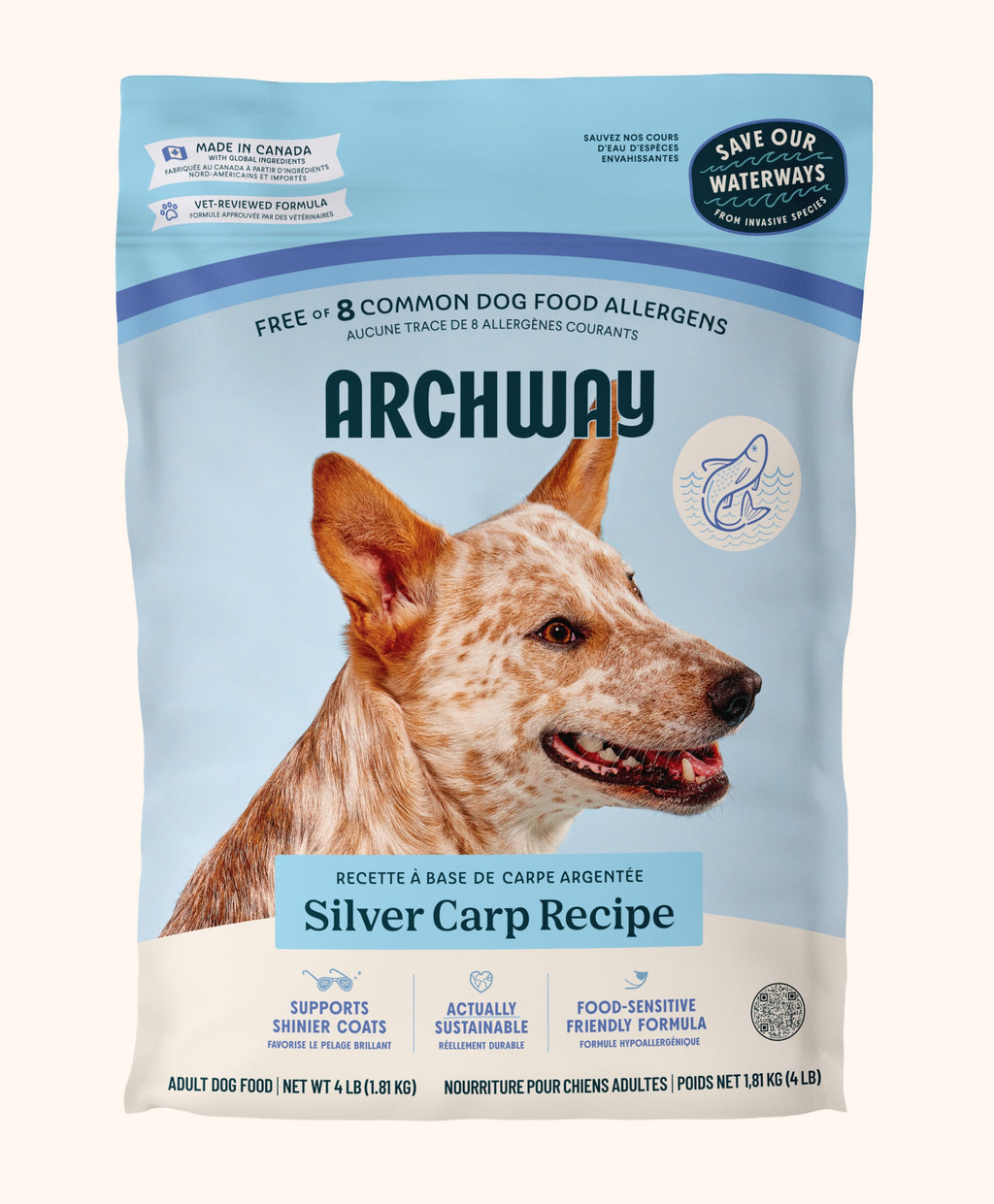 Archway Silver Carp Recipe dog food package with a dog on the label