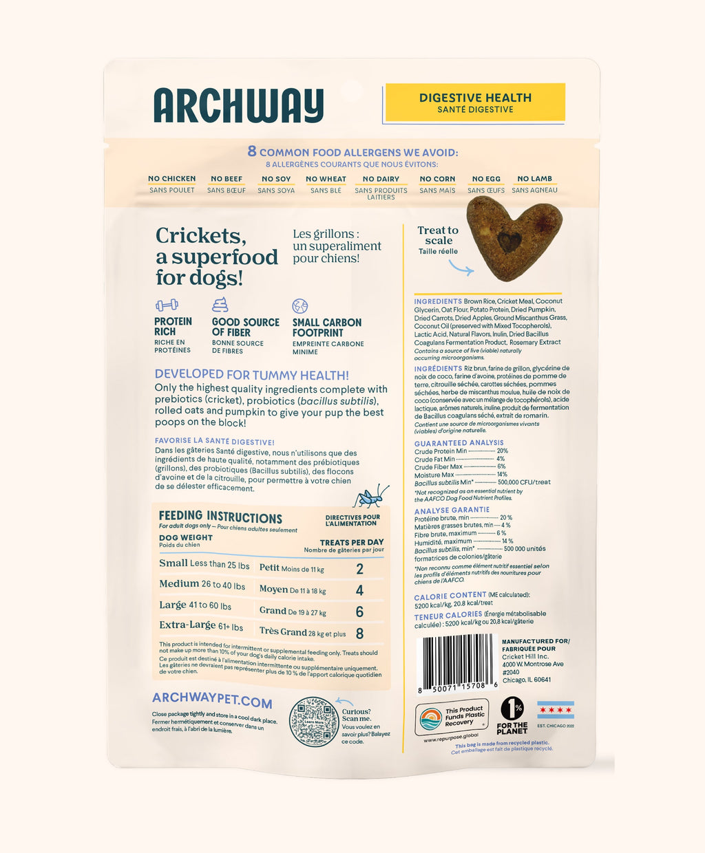 Back of Archway pet food packaging with text and a heart-shaped treat illustration.