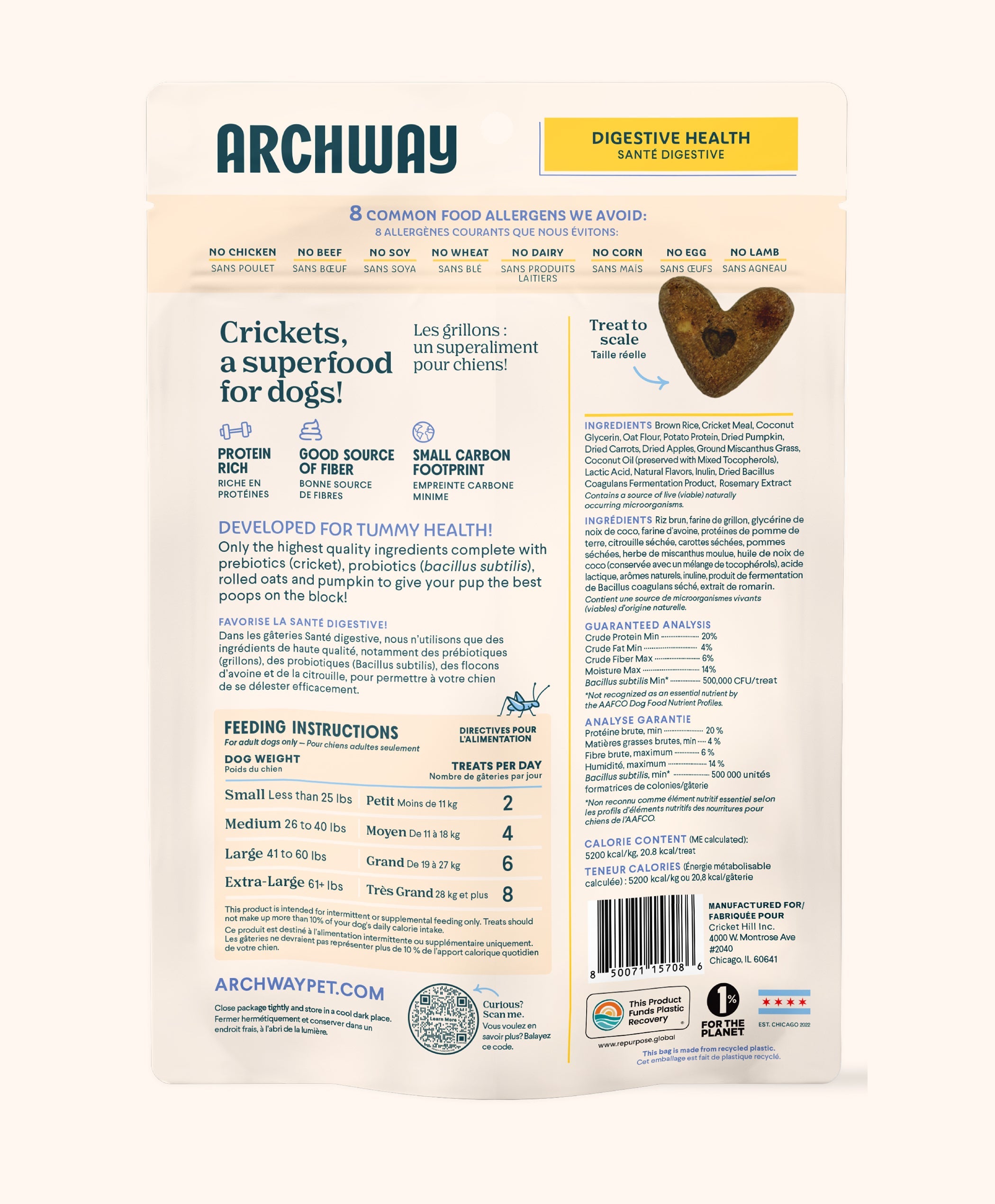 Back of Archway pet food packaging with text and a heart-shaped treat illustration.
