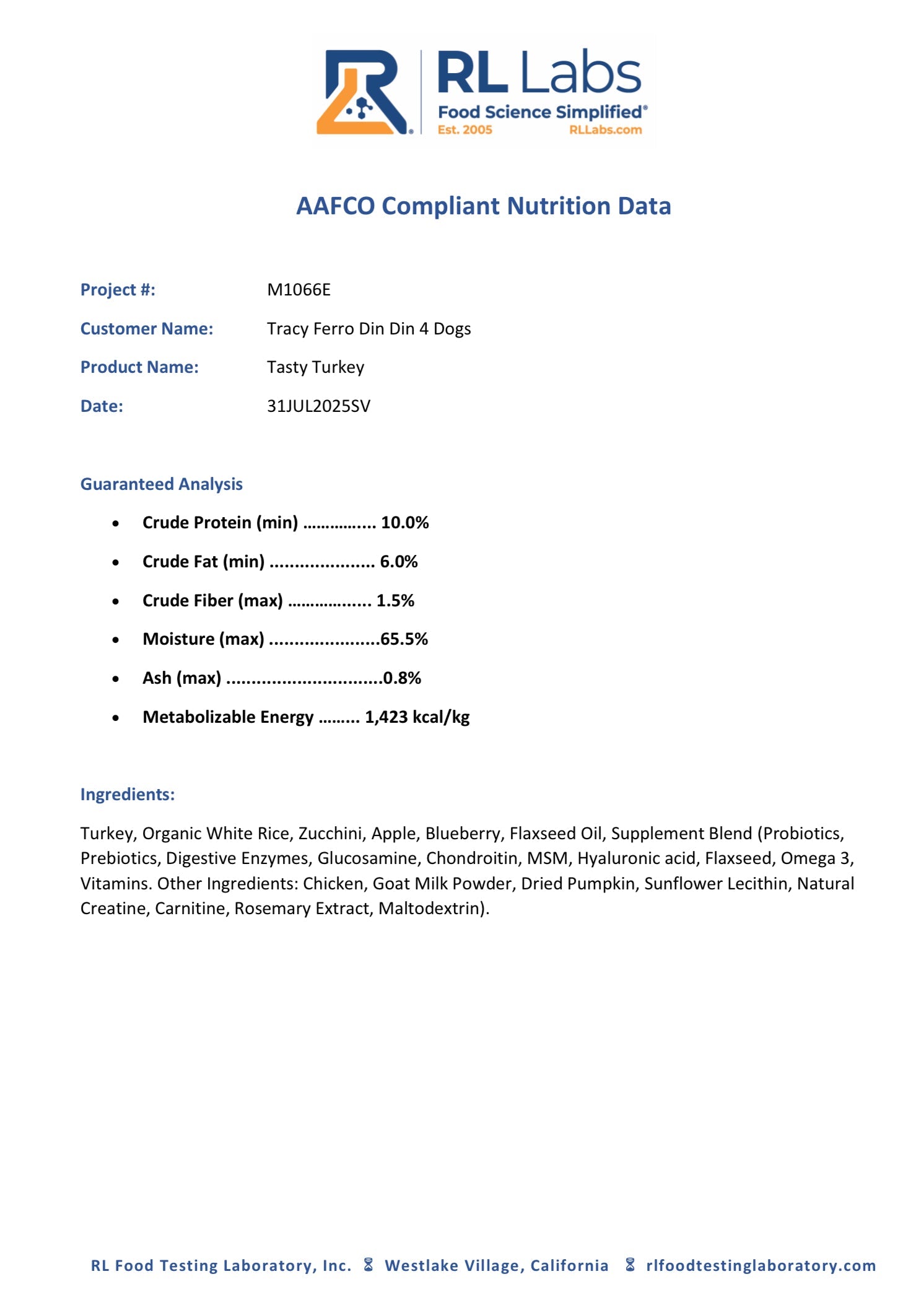 Nutrition data sheet for a product named 'Tasty Turkey' with RL Labs branding.