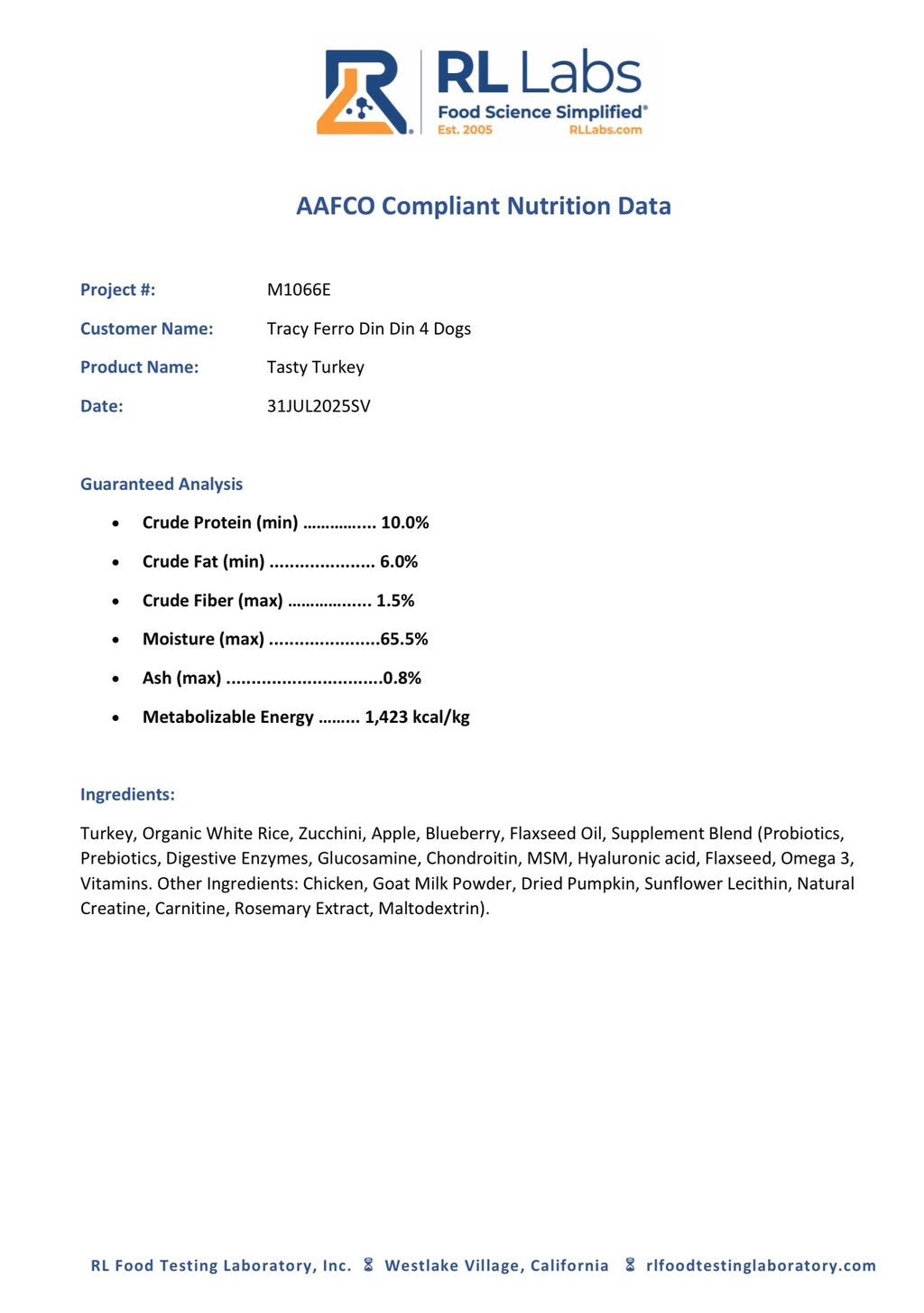 Nutrition data sheet for a product named 'Tasty Turkey' with RL Labs branding.