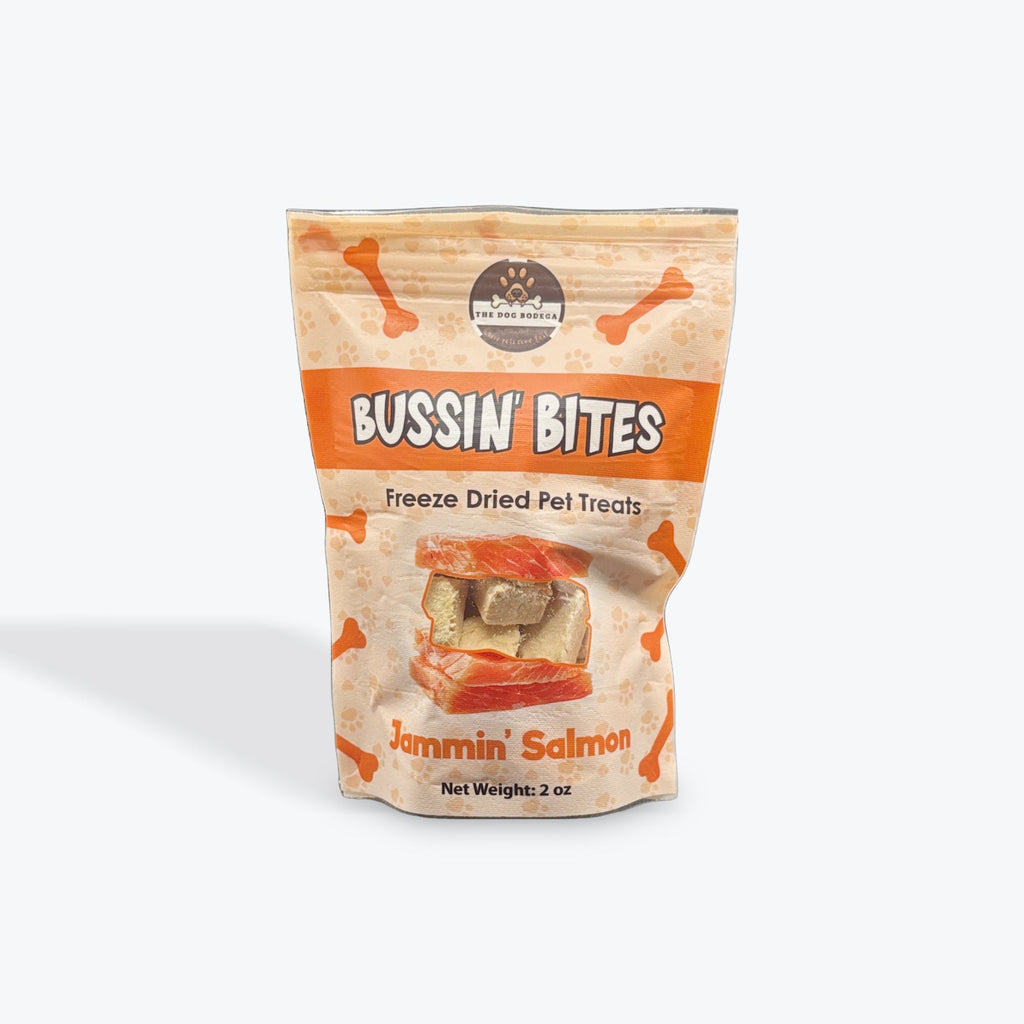 Bag of Bussin' Bites freeze-dried pet treats with salmon flavor on a white background