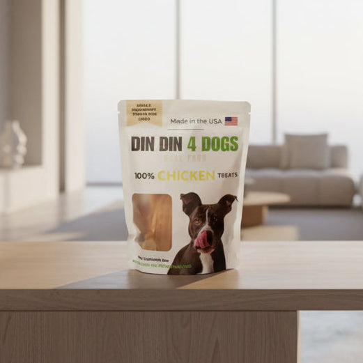 Package of 'DIN DIN 4 DOGS' chicken treats on a wooden surface with a blurred indoor background.