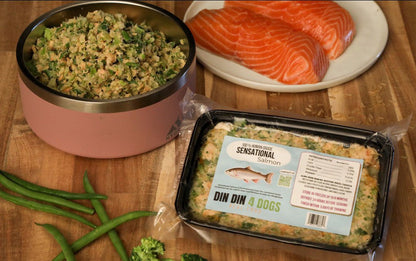 Pet food packaging with salmon and green vegetables on a wooden surface