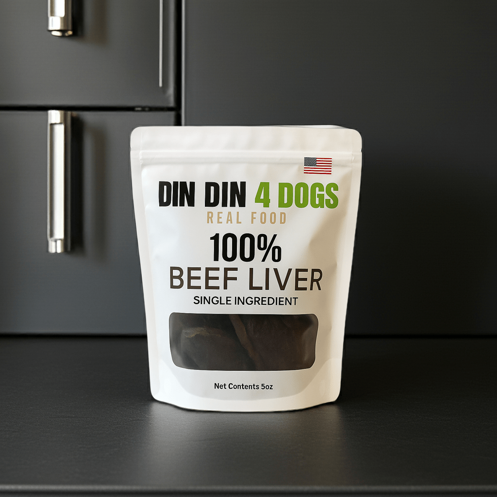 Package of DIN DIN 4 DOGS 100% Beef Liver dog food on a black surface.