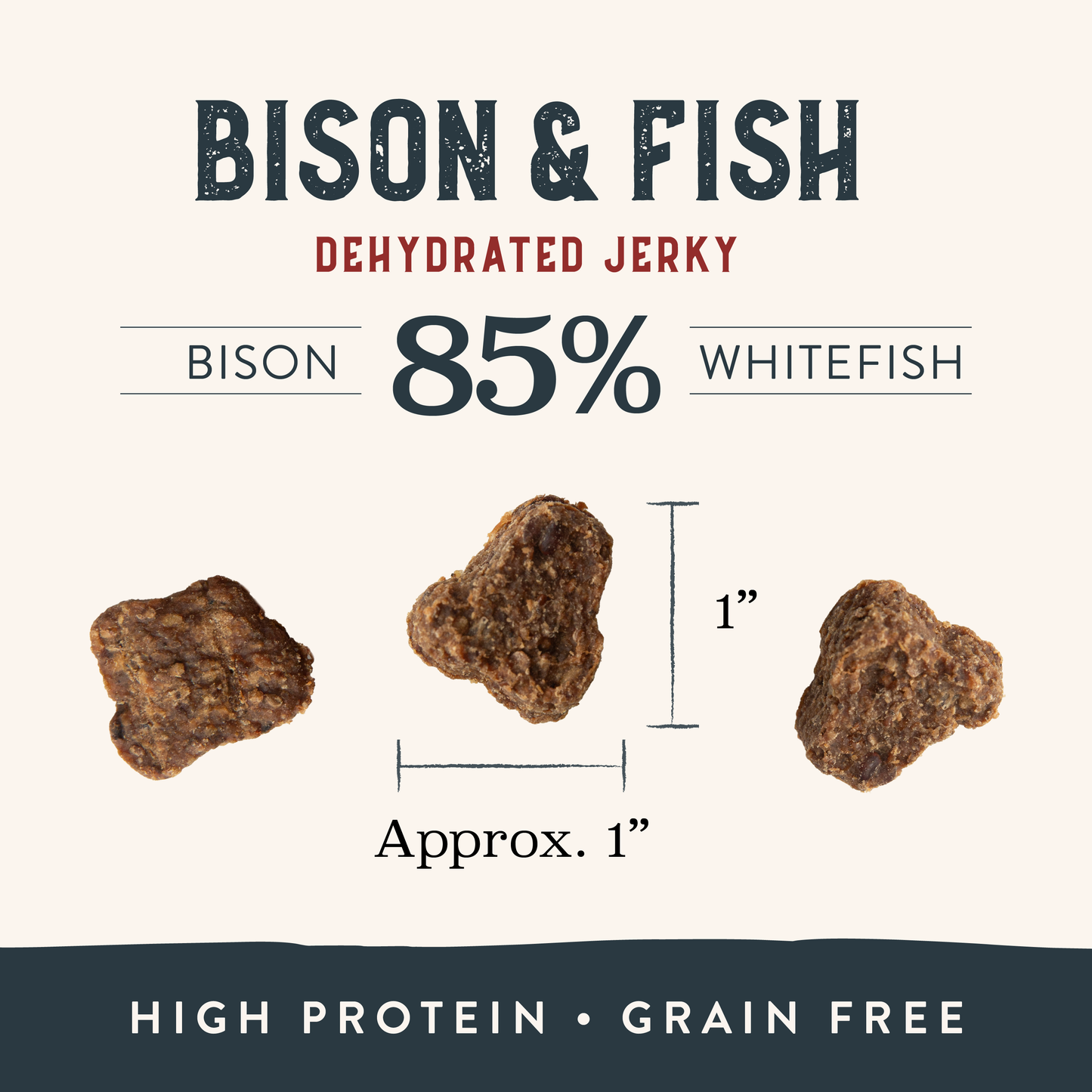 Bison and fish dehydrated jerky packaging with jerky pieces and text on a white background