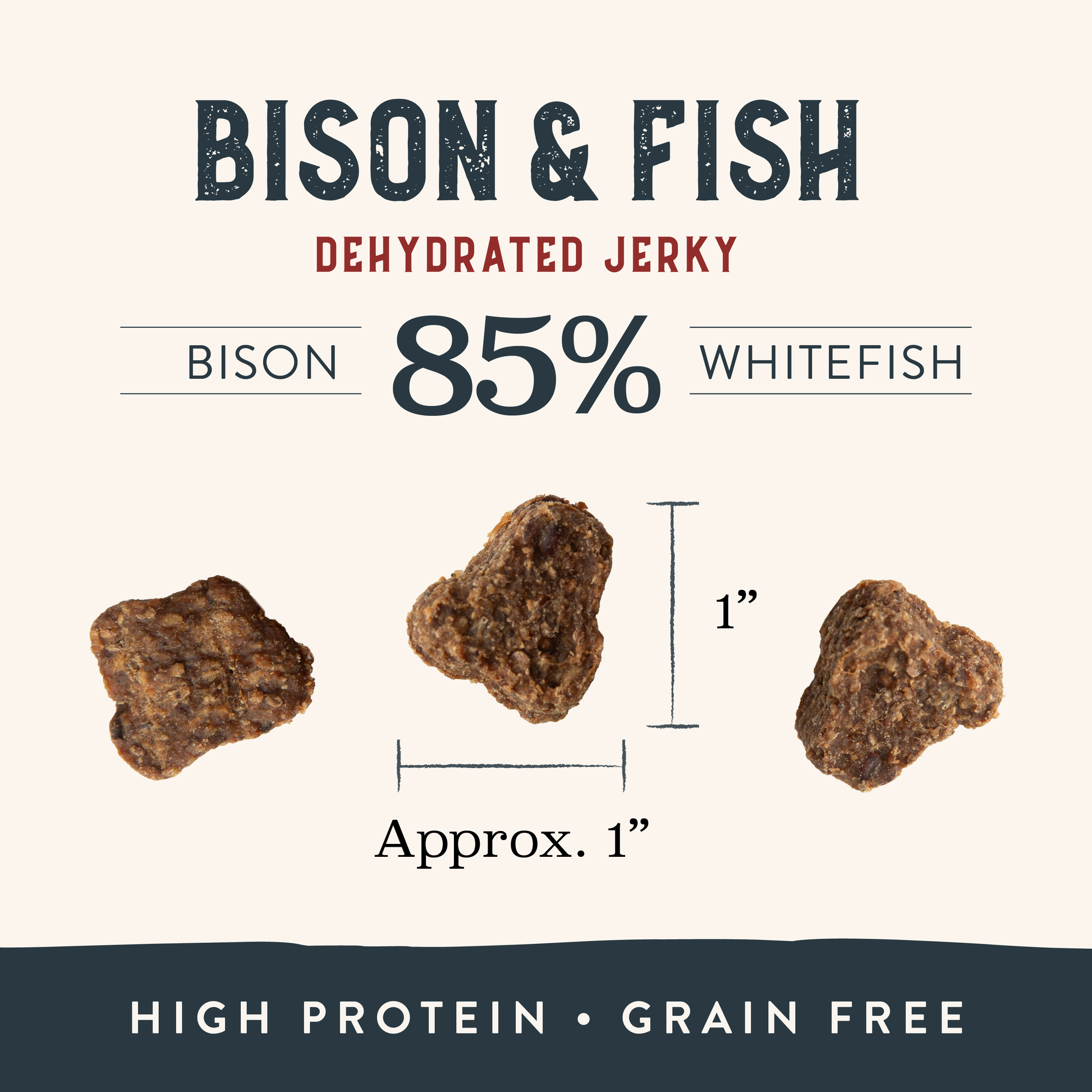 Bison and fish dehydrated jerky packaging with jerky pieces and text on a white background