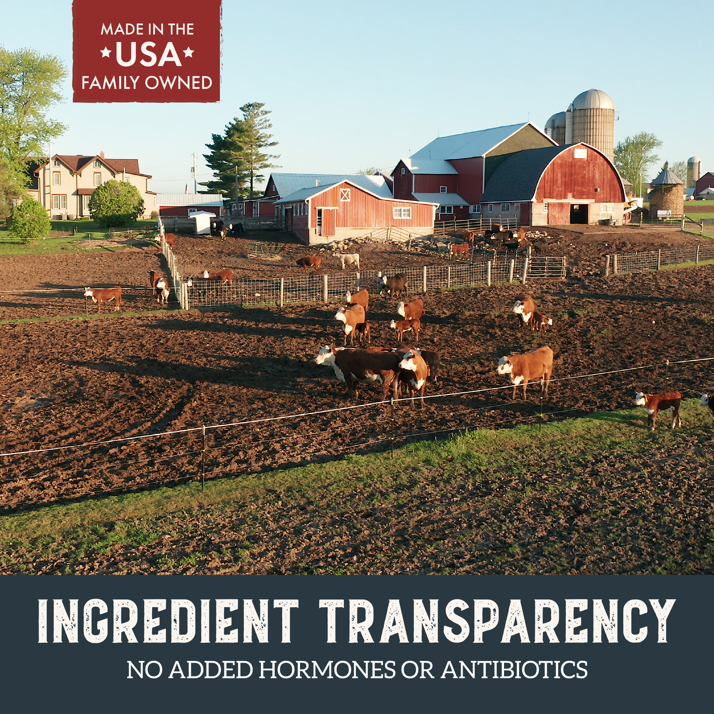 Farm with cows and a red barn, featuring text about ingredient transparency and production details.
