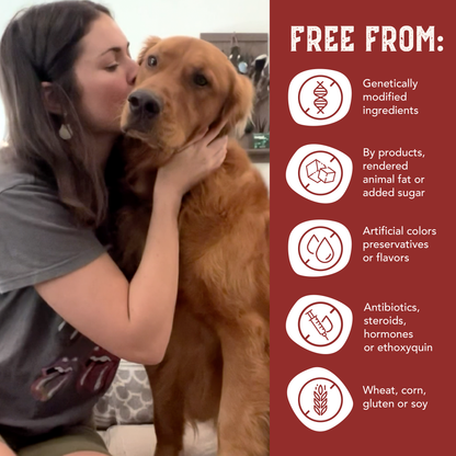 Woman kissing a dog with a list of free-from ingredients on the side