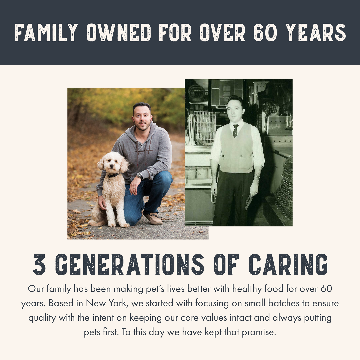 Advertisement for a pet food brand with a man and dog in the present day and an older man in the past, highlighting three generations of caring.