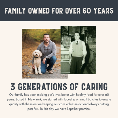 Advertisement for a pet food brand with a man and dog in the present day and an older man in the past, highlighting three generations of caring.