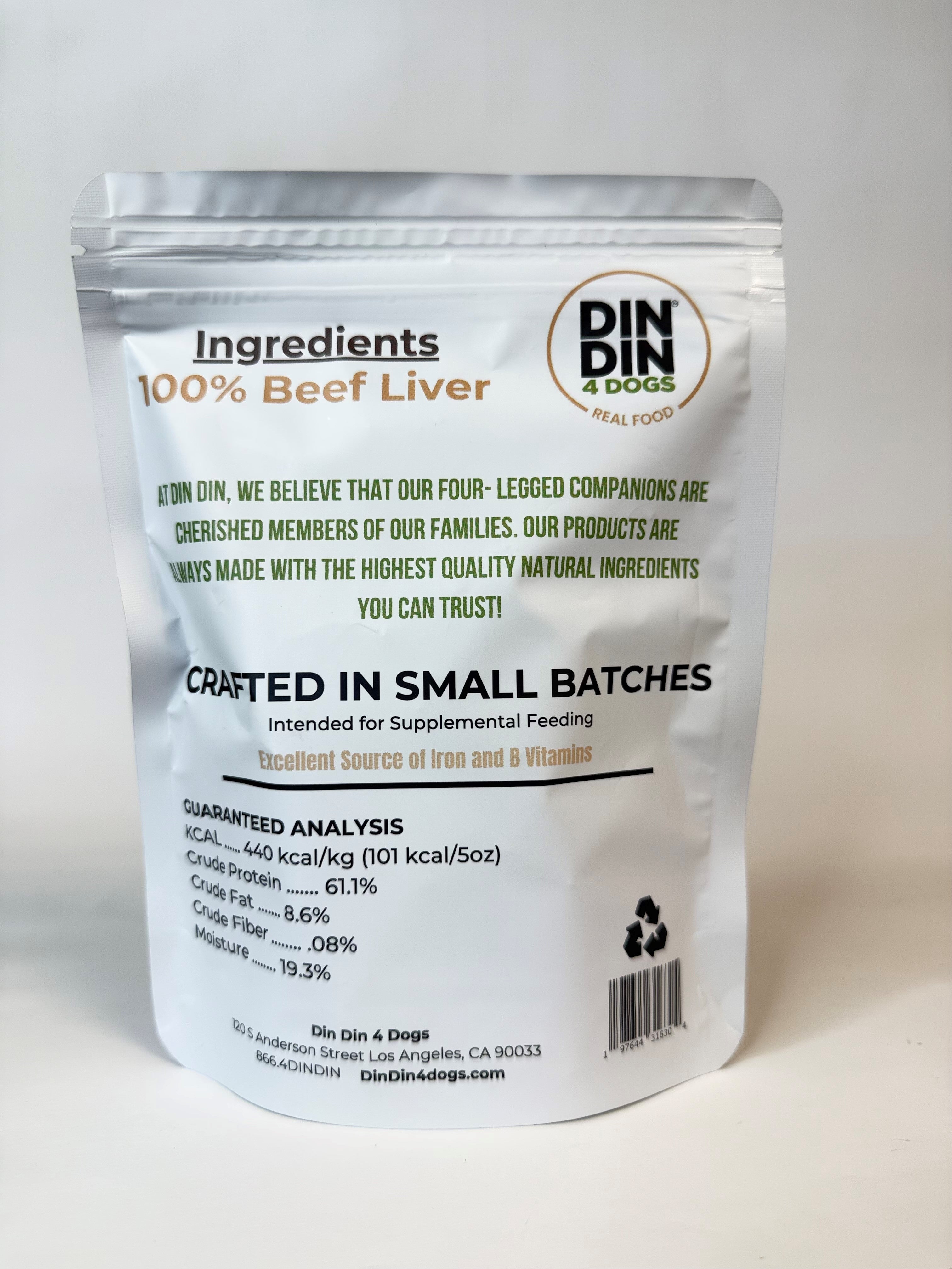 Package of DIN 4 Dogs 100% Beef Liver pet food on a white background