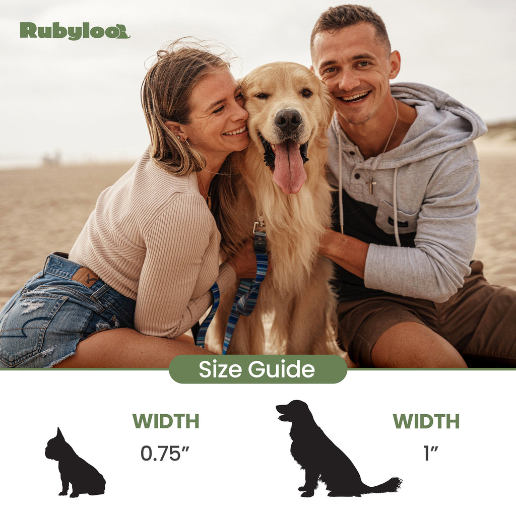 Couple with a dog on a beach, featuring Rubyloo branding and size guide measurements.