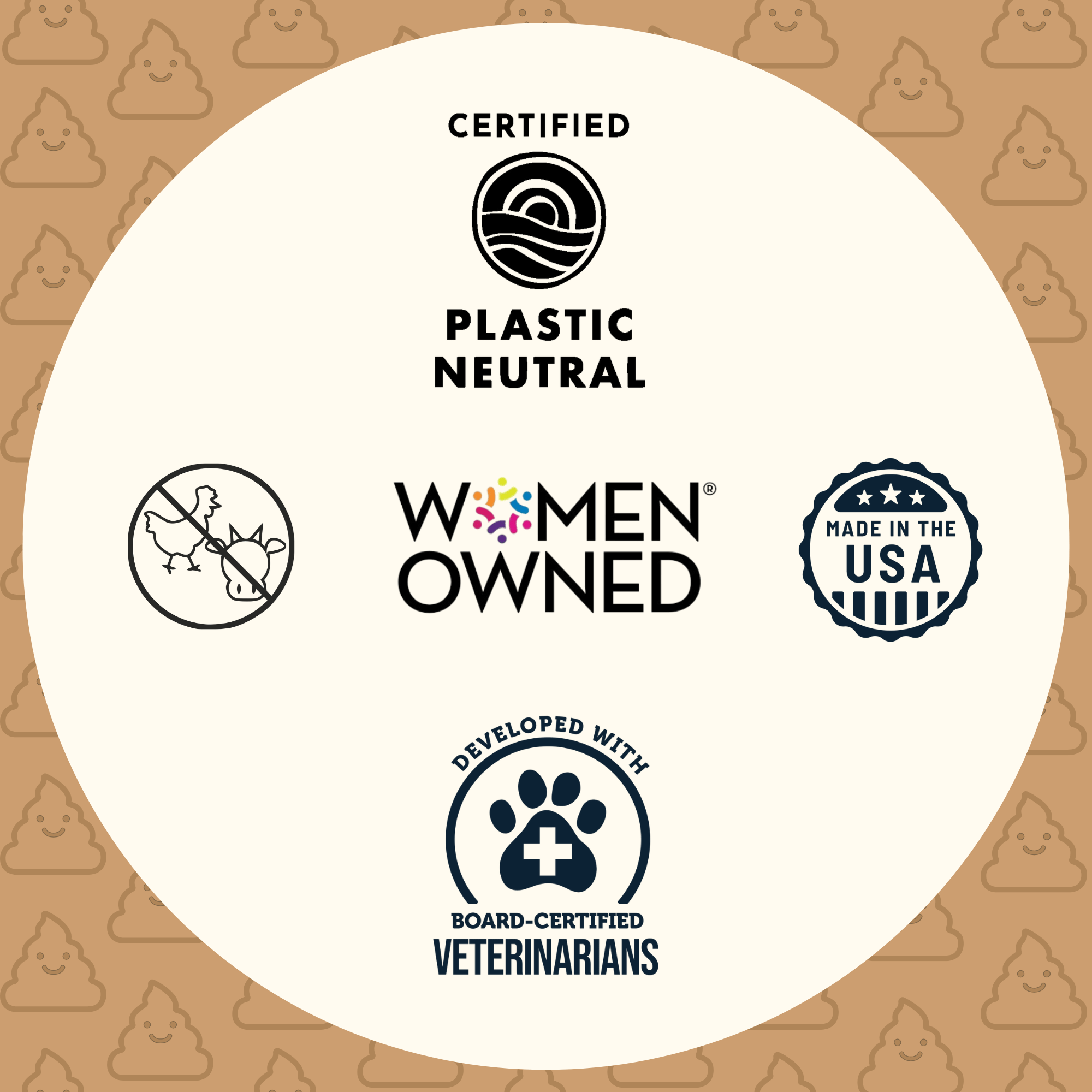 Certification logos on a white circle with a brown background featuring poop emoji patterns.