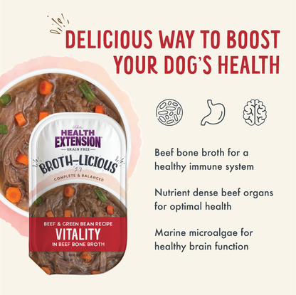 Health Extension Broth-Licious dog food package with text about boosting a dog's health.