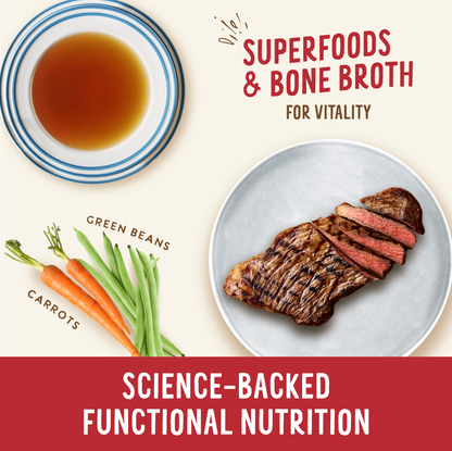 Steak on a plate with vegetables and a bowl of broth, promoting superfoods and bone broth for vitality.