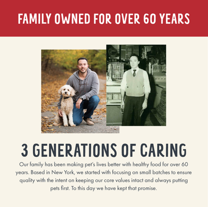 Advertisement for a pet food brand with two generations of family members and a dog, set against a red and white background.