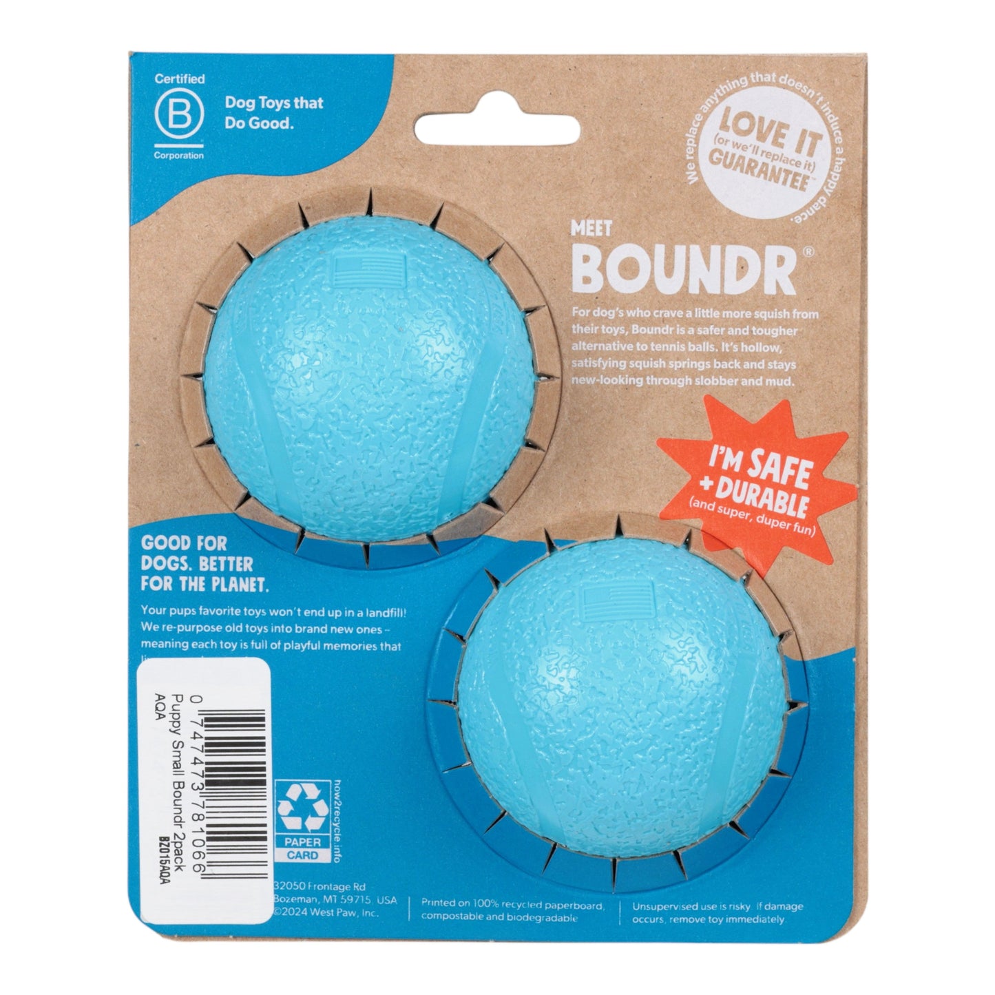 Package of two blue dog toys with Boundr branding on a white background